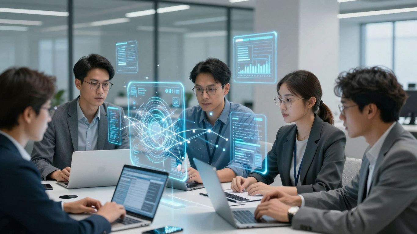 IT professionals working together with digital interfaces.