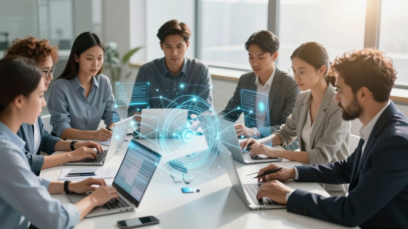 IT professionals working together with digital interfaces.