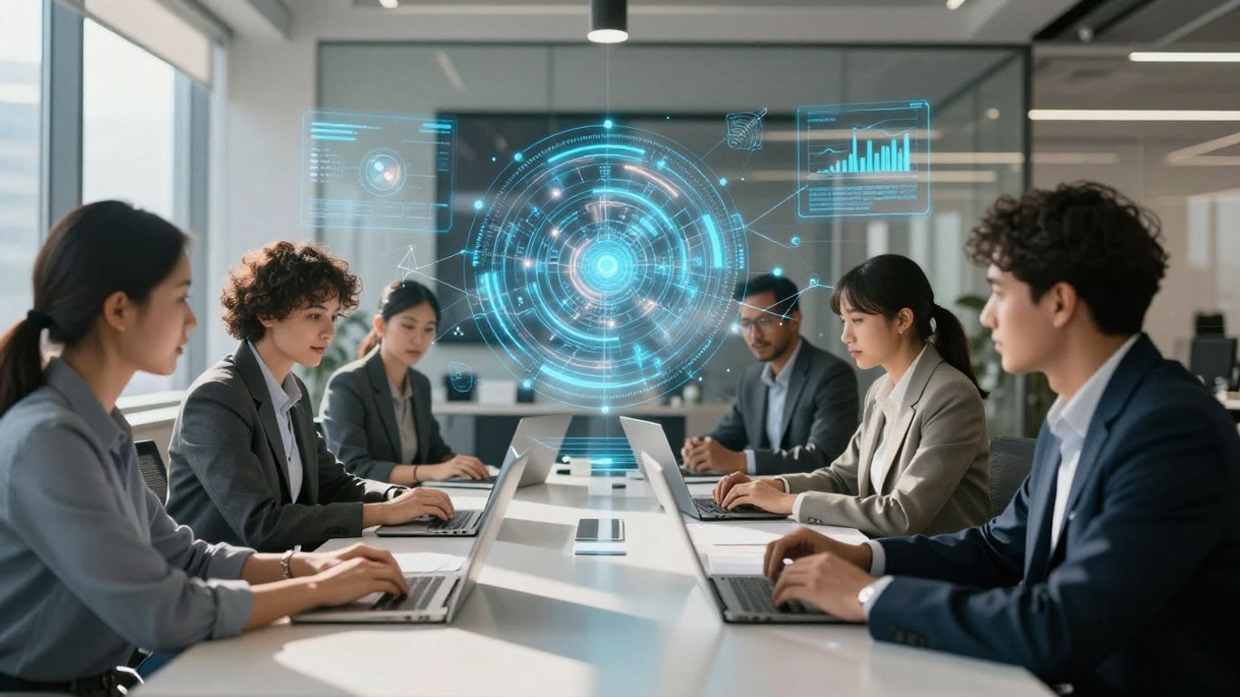 Professionals collaborating in a modern office with digital interfaces.