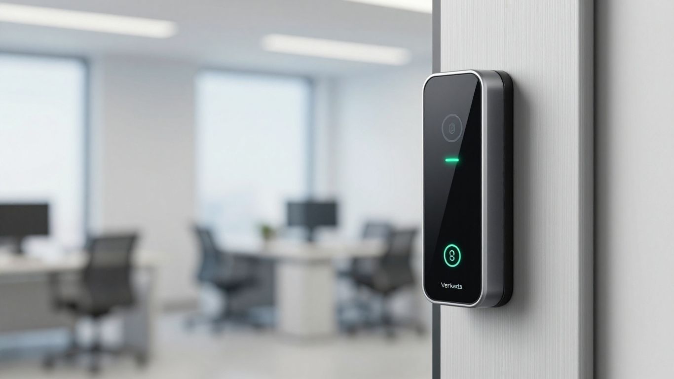 Verkada door access reader on a modern door frame.