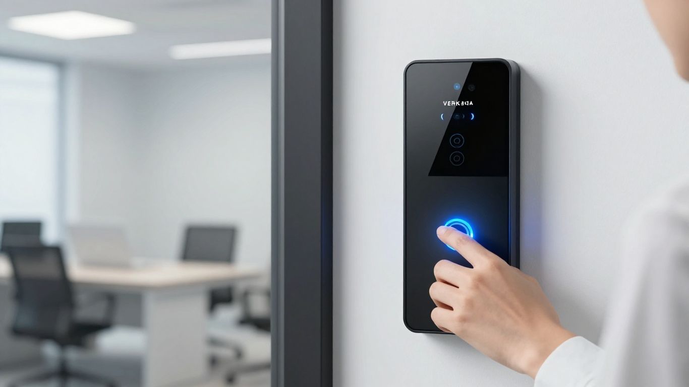 Verkada door access reader with hand approaching.
