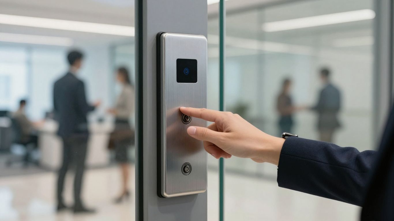 Security access control panel on office door