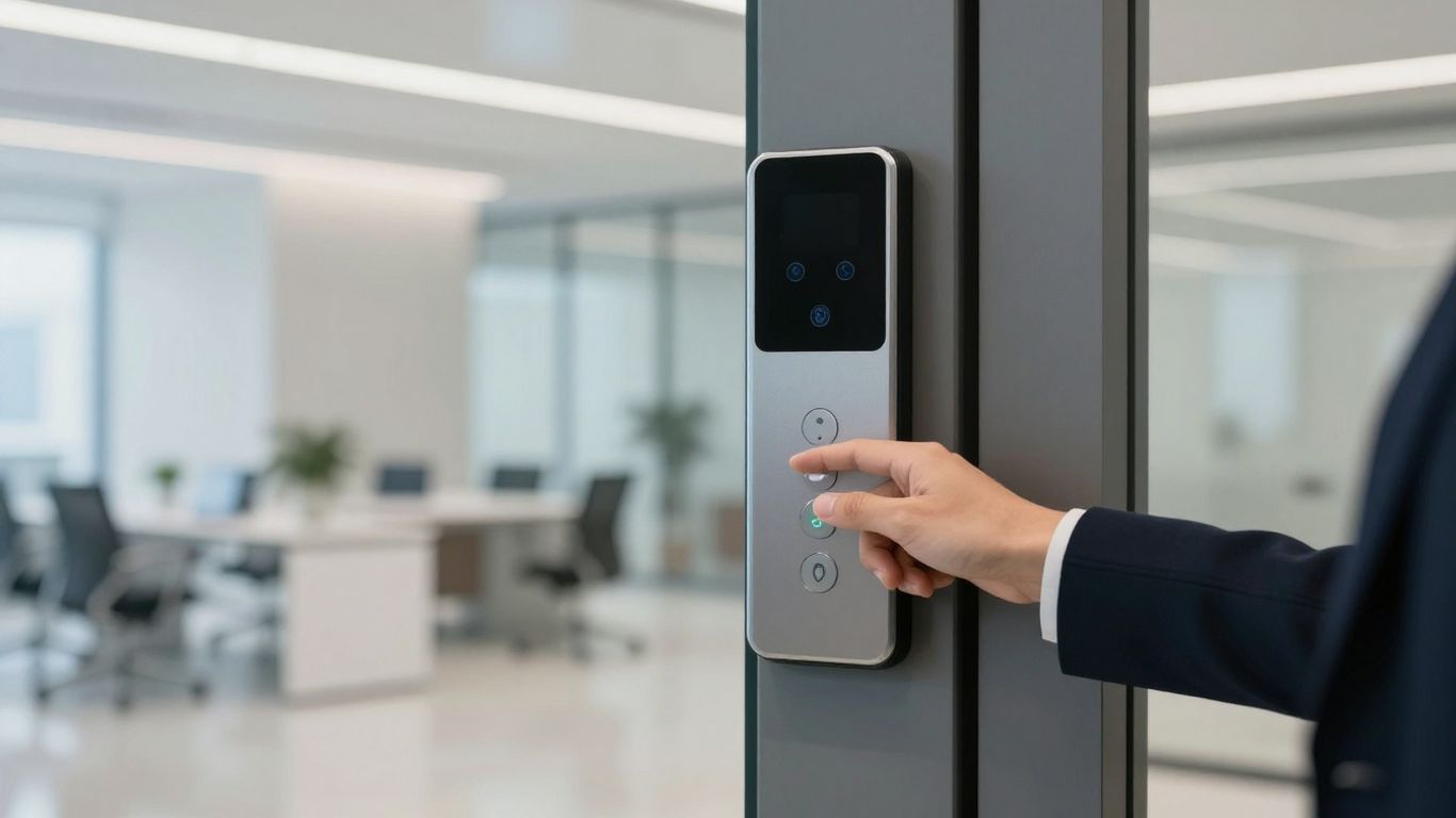 Access control panel and hand at office entrance.