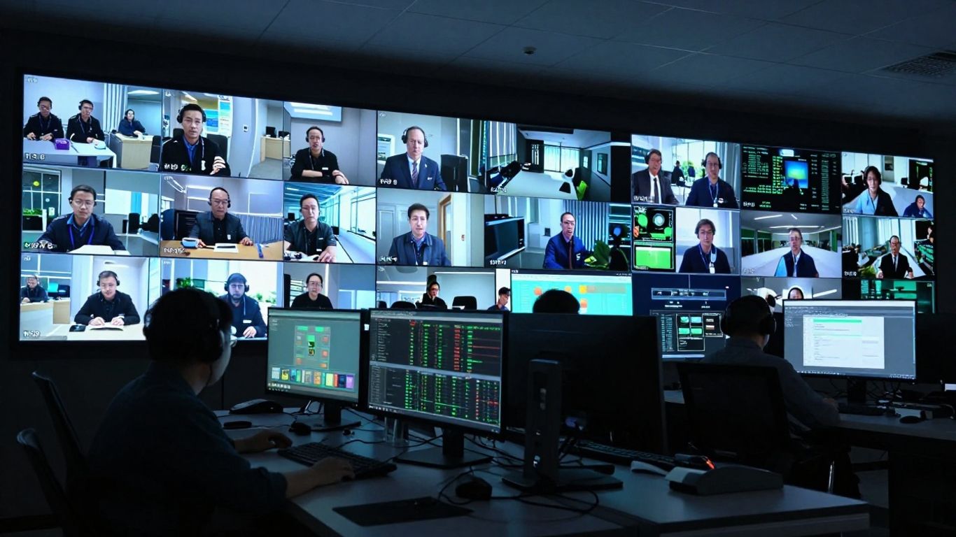 IP video surveillance screens in a security operations center.
