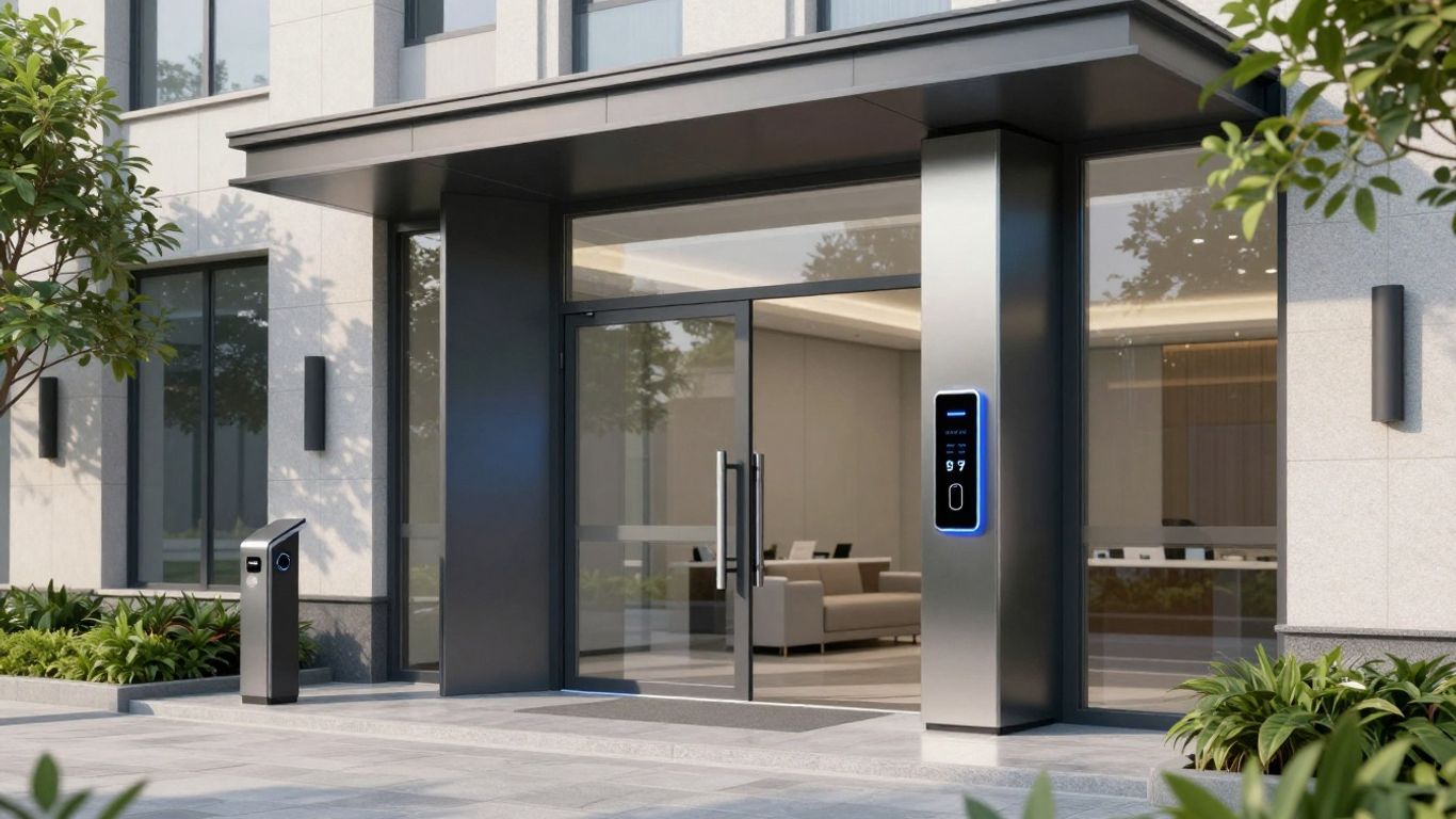 Avigilon Alta access control reader on a modern building entrance.
