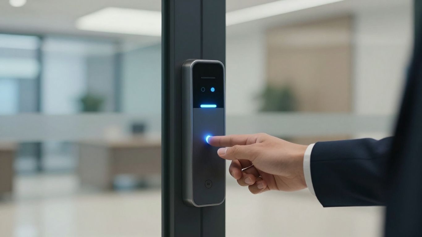 Avigilon Alta access control reader at an office entrance.