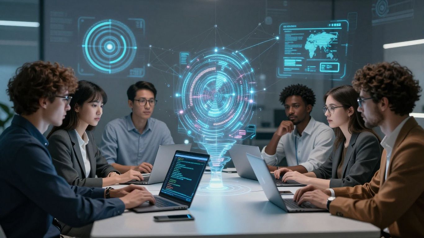 IT professionals working with futuristic technology and data.