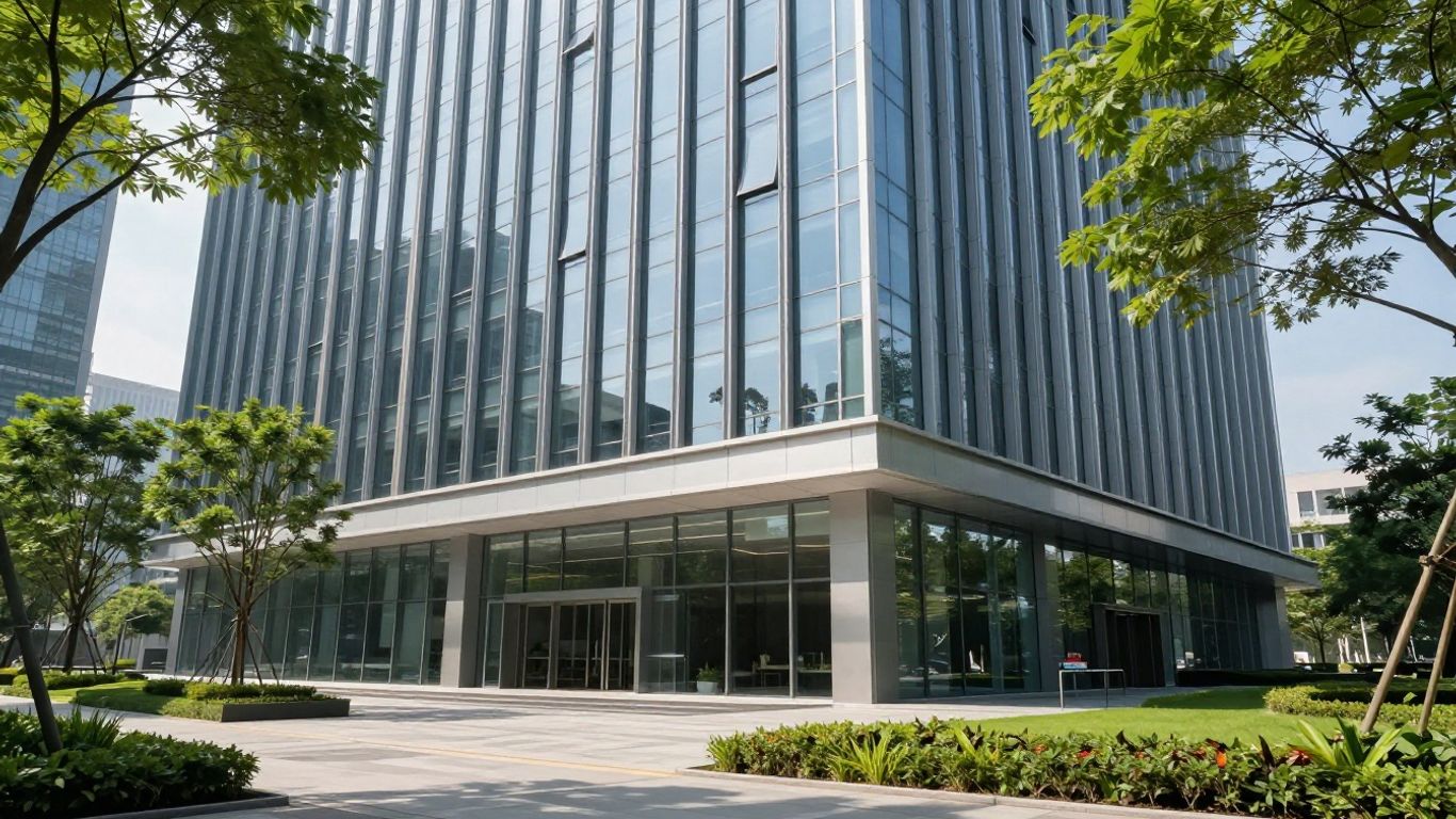 Modern office building exterior with trees and landscaping.