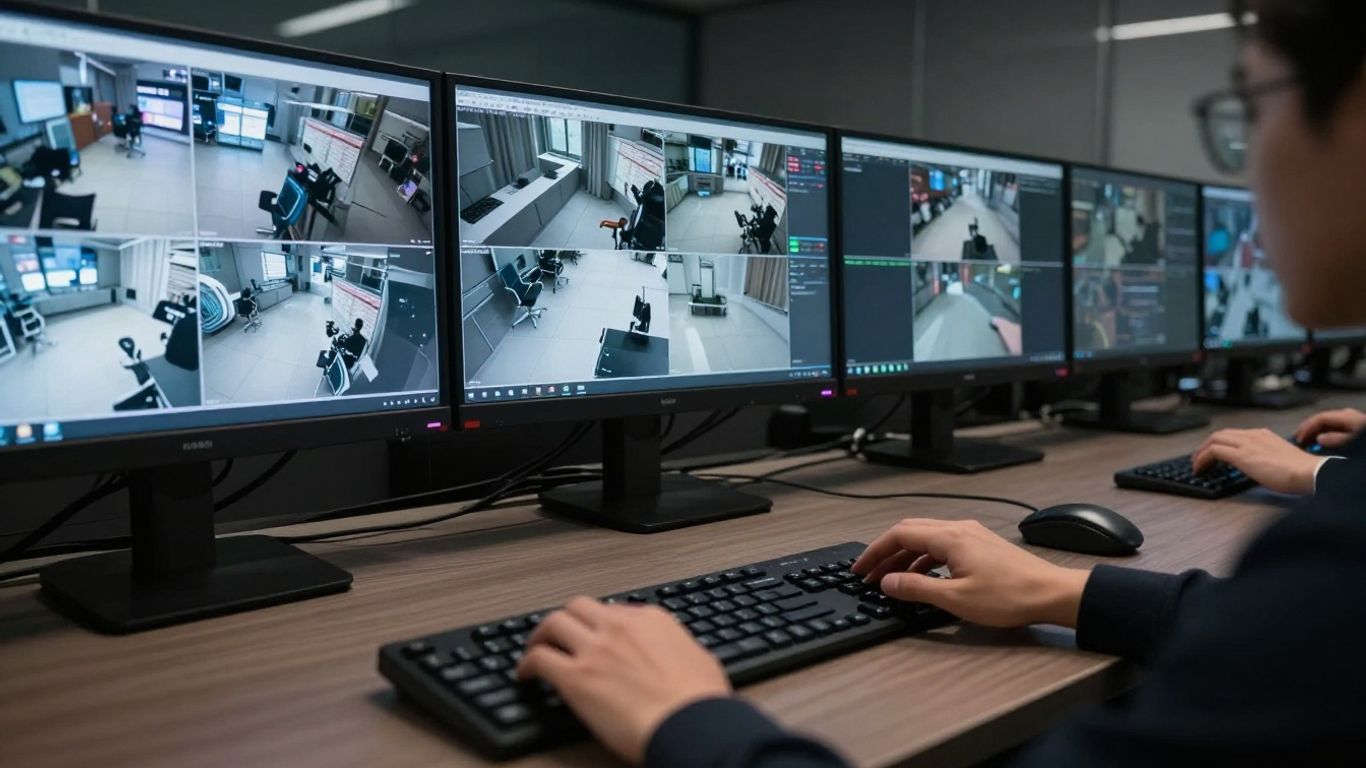 Genetec security system interface with multiple camera feeds.