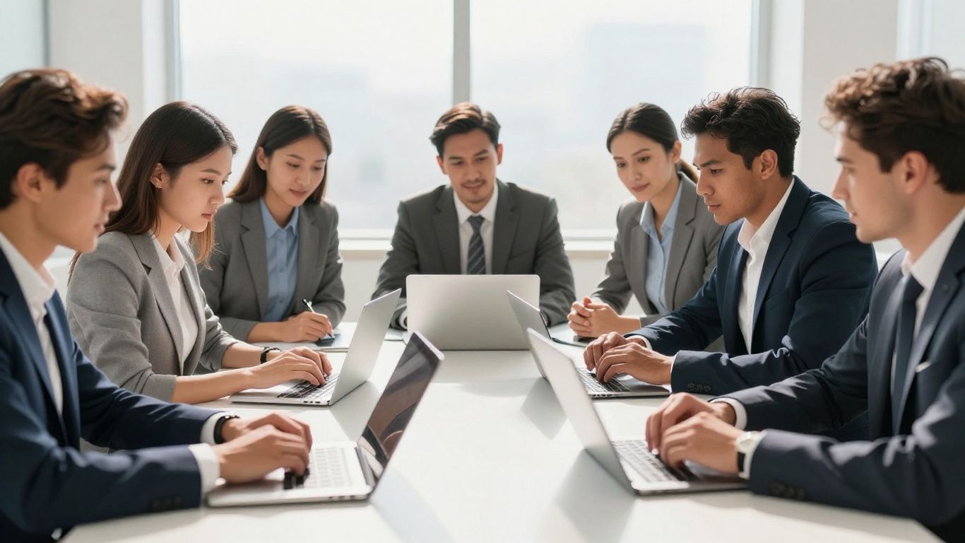 Business professionals collaborating, achieving success together.