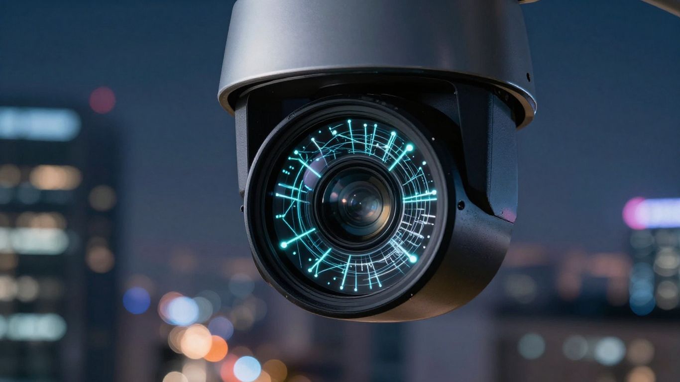 AI-powered security camera lens with digital network overlay.