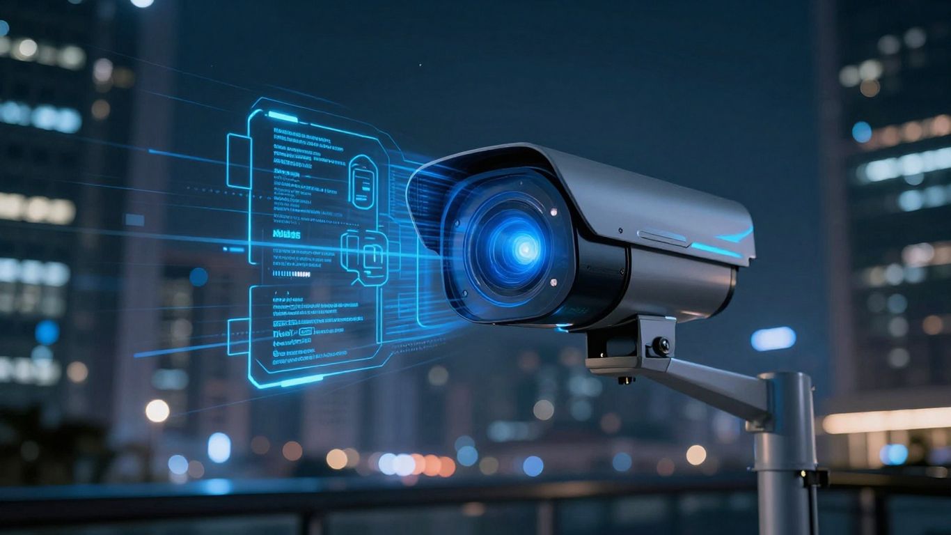 AI-powered security camera overlooking a city.