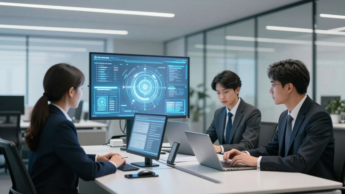 Lawyers working in a modern office with advanced technology.