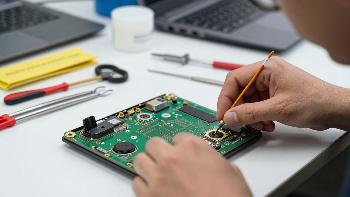 Technician repairing a laptop computer with tools.