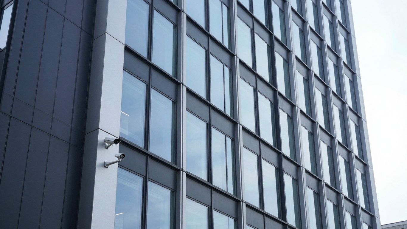 Modern office building with integrated security cameras.