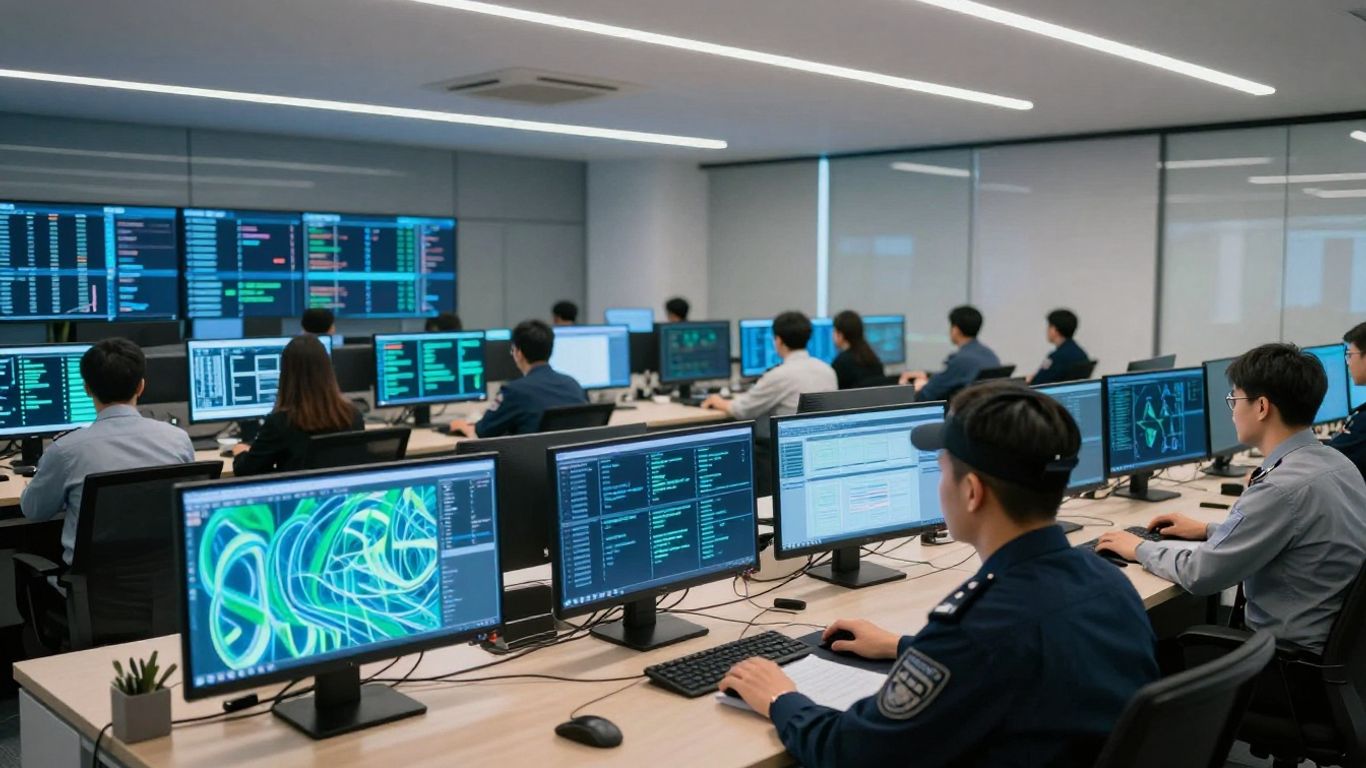 Business security monitoring screens in an office.