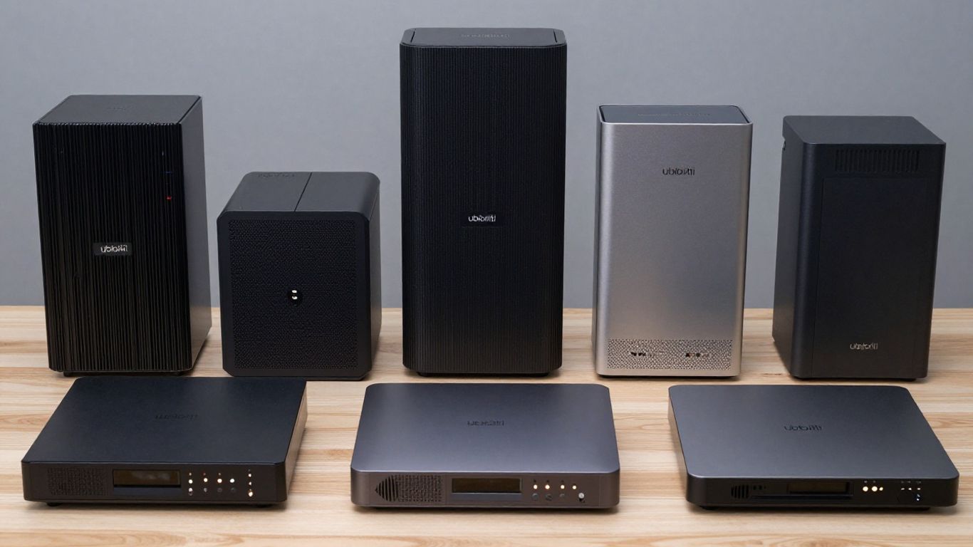 Ubiquiti networking devices arranged neatly.