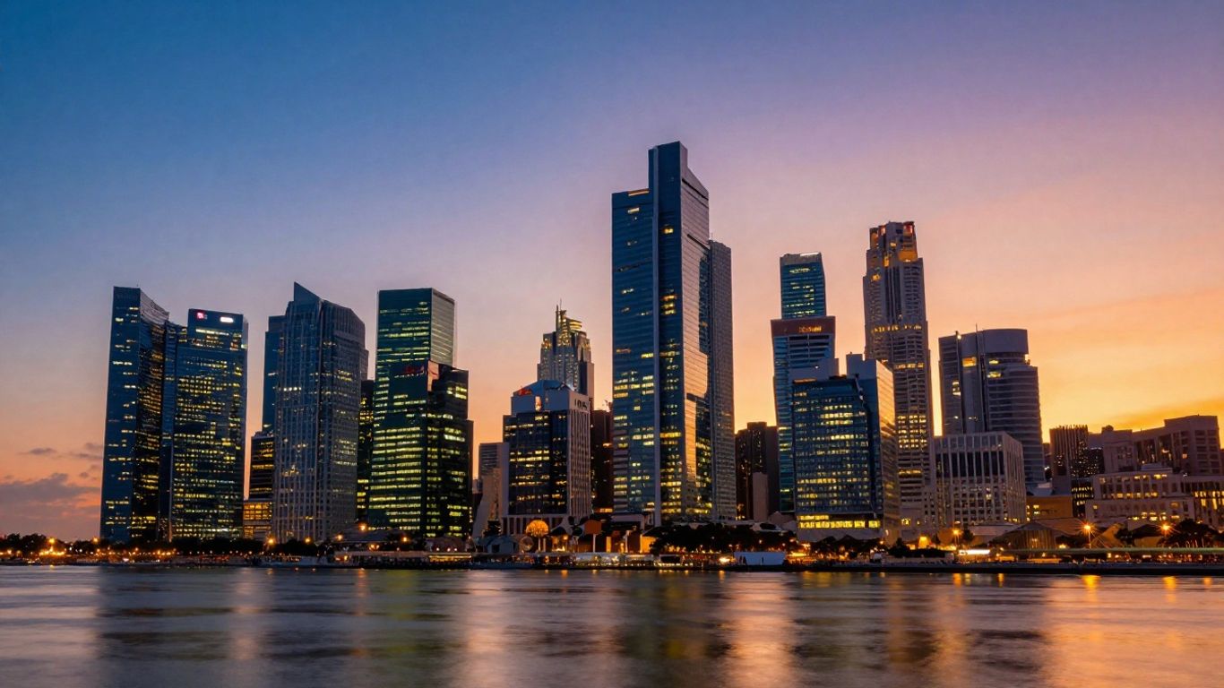 Modern cityscape at dusk with illuminated skyscrapers.