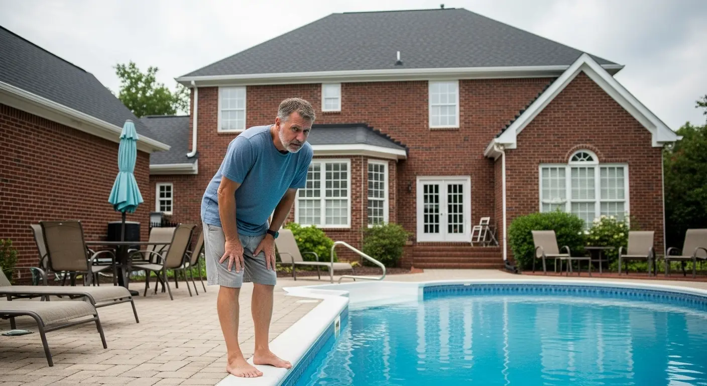 Homeowner looking concerned at dropping pool water level with Birmingham home in background