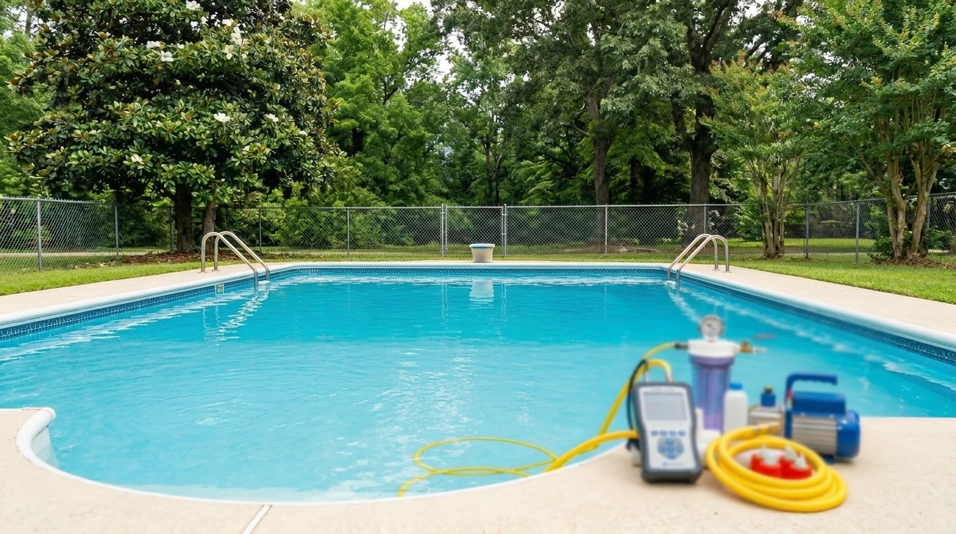 A clear blue residential swimming pool in a Birmingham, AL backyard,