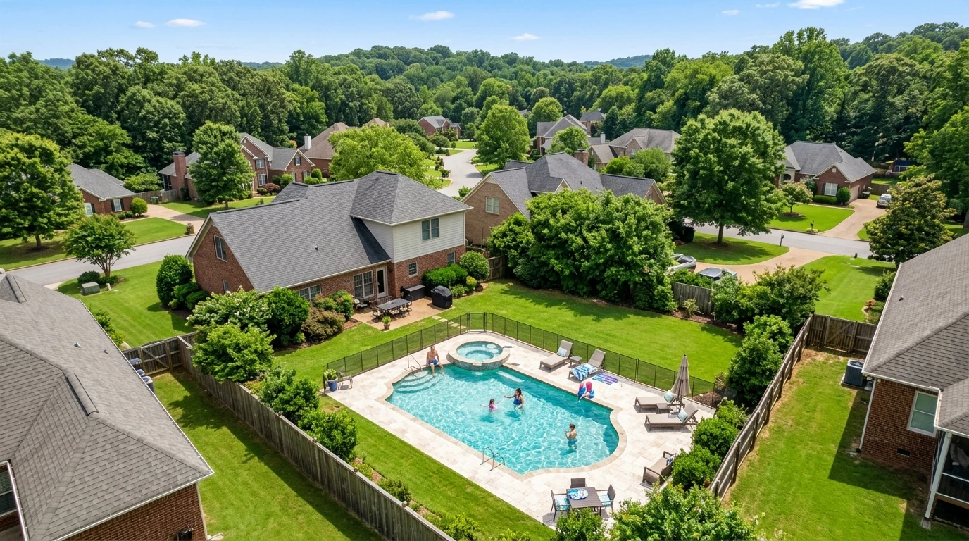 A bright, sunny aerial view of a beautiful backyard swimming pool in a Birmingham, Alabama neighborhood.