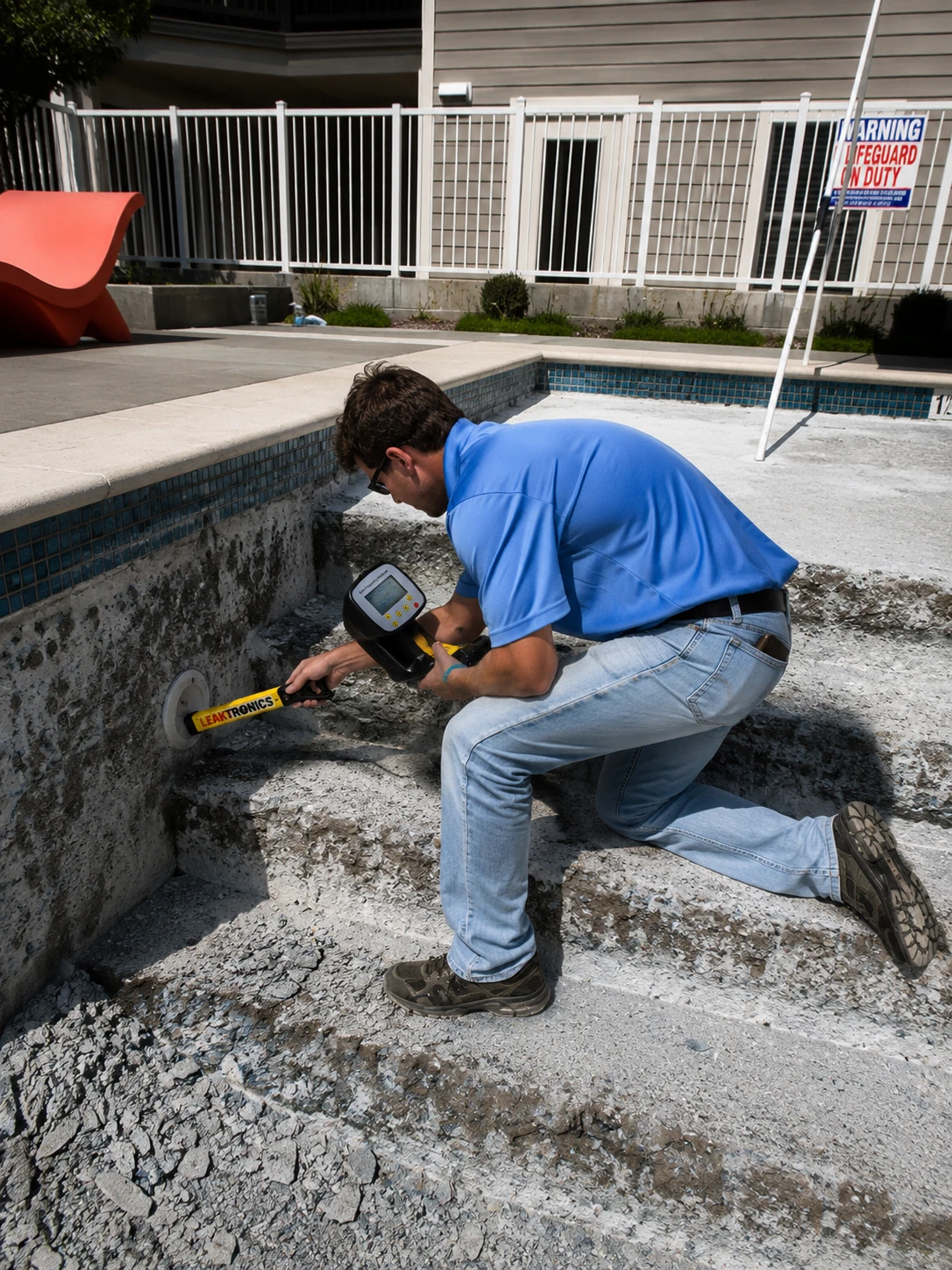 A close-up shot of a Leak Rescue technician inspecting a visible crack along the shell of an in-ground swimming pool in a Cullman, AL backyard. The pool is partially drained, showing the crack running along the plaster surface near the tile line. The Leak Rescue van is visible in the driveway. Bright natural daylight, professional setting. 