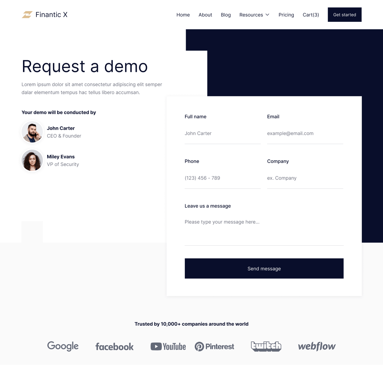 Finantic X - Request a Demo page - Modern Bank Webflow Template