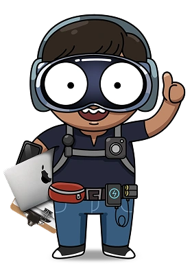 An illustration of a video editor with equipment attached to him.