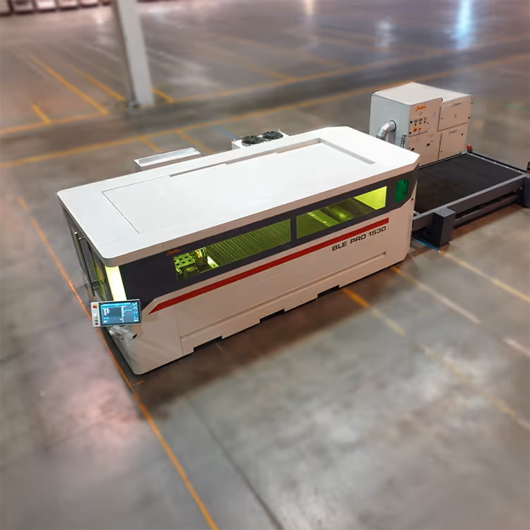 A high angle view of a BLE industrial fibre laser cutter