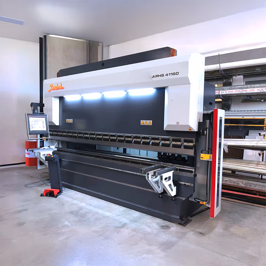 Side angle workshop view of a press brake machine.