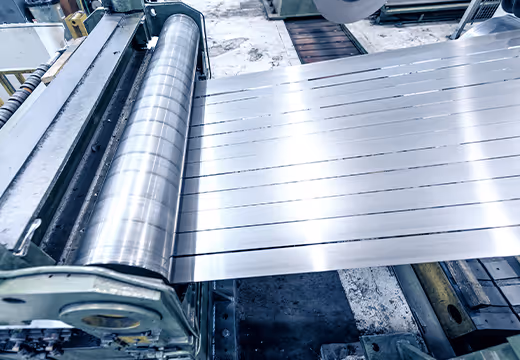 Paski ciętej blachy na linii produkcyjnej.