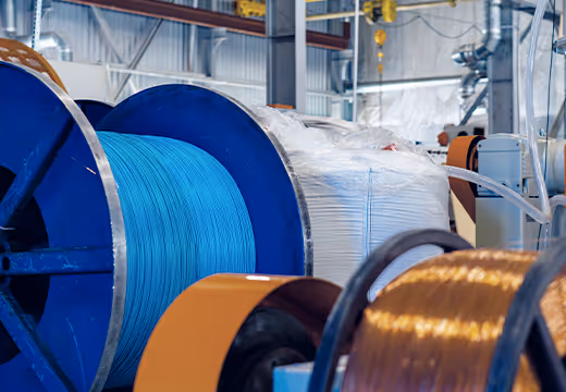 Duże szuple kabli i drutu w zakładzie przemysłowym.