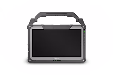 Rugged tablet device with a sturdy handle and side control buttons on a white background.