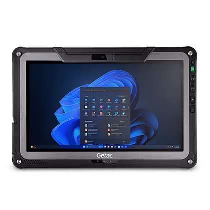 Rugged Getac tablet displaying Windows 11 start menu on screen against white background.