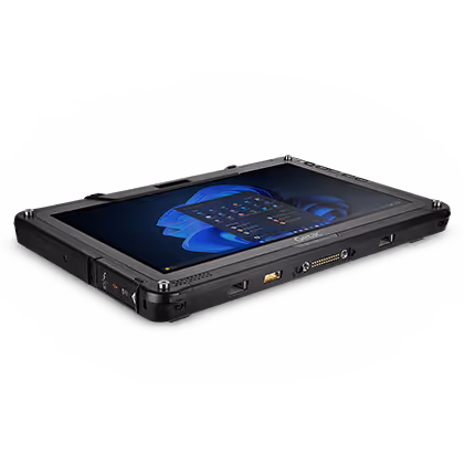 Black rugged tablet lying flat with Windows 11 operating system displayed on the screen.