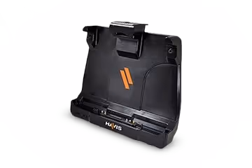 Black HAVIS docking station for tablets with an orange logo on the back.