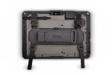 Back view of a rugged Getac tablet featuring a gray adjustable hand strap and black mounting brackets.