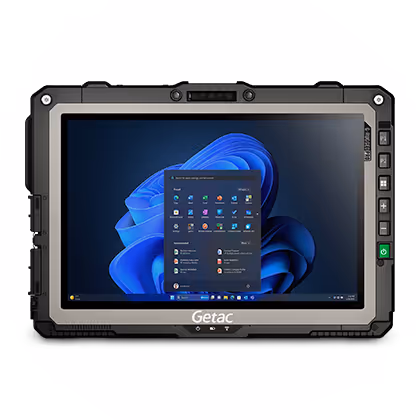Getac rugged tablet displaying the Windows 11 start menu on its screen.