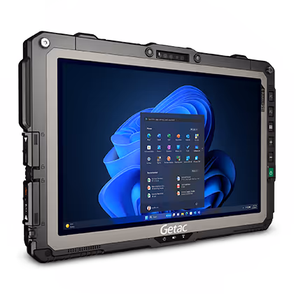 Getac rugged tablet displaying Windows 11 start menu on screen.