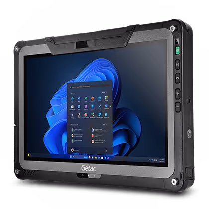 Rugged Getac tablet displaying Windows 11 startup screen with application menu open.