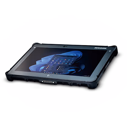 Durable handheld tablet displaying a Windows 11 home screen, designed for rugged use.