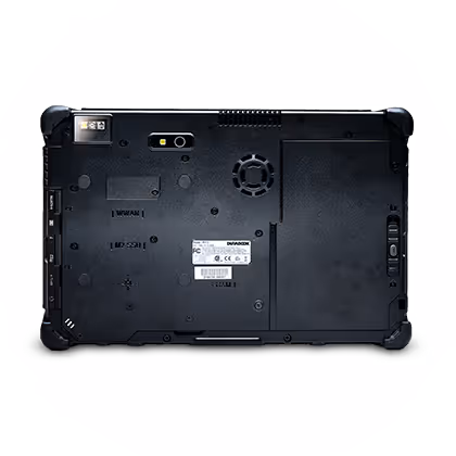 Back view of a rugged black tablet with ports, a camera, ventilation fan, and a label with product information.