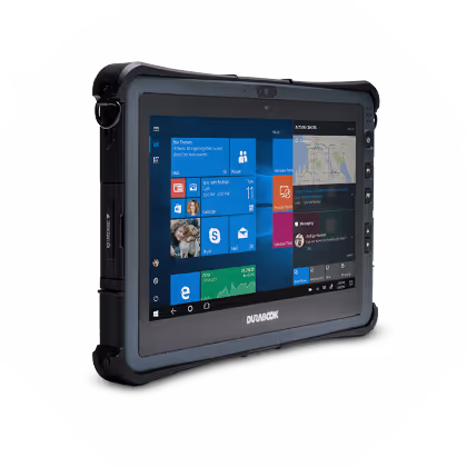 Rugged tablet computer displaying Windows 10 home screen with various app tiles.