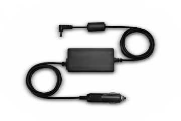 Black car charger power adapter with two attached cables, one ending in a right-angle plug and the other in a car cigarette lighter plug.