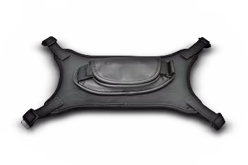 Black rectangular bag with a front zippered pocket and adjustable straps at each corner.