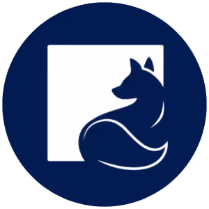 Silhouette d'un renard stylisé assis devant un carré blanc sur fond circulaire bleu foncé.