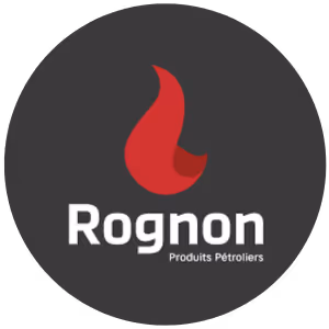 Logo de Rognon avec une flamme rouge stylisée sur fond gris foncé, texte blanc indiquant Produits Pétroliers.
