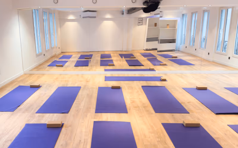 Salle de yoga lumineuse avec des tapis violets alignés sur un sol en bois clair, chaque tapis accompagné d'un bloc de yoga.