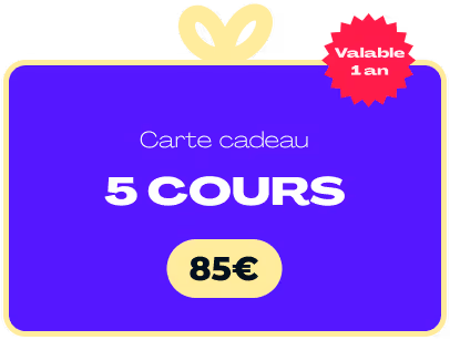 Carte cadeau violette avec un ruban jaune, indiquant 1 cours à 85€, valable 1 an.