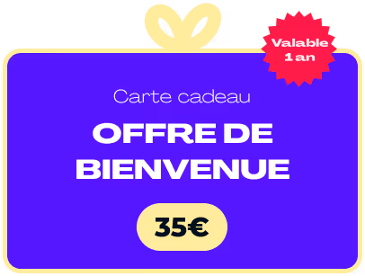 Carte cadeau offre de bienvenue de 35€ avec un ruban jaune et un badge rouge indiquant valable 1 an.